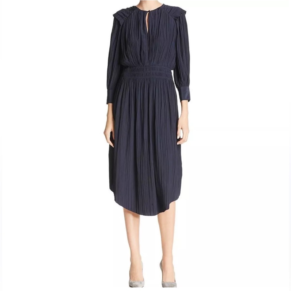 JOIE NEW Women's Midnight Navy Rheia Pleated Smocked Waist Midi Dress S